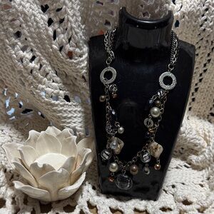 Layered Black and Metallic Bead Statement Necklace